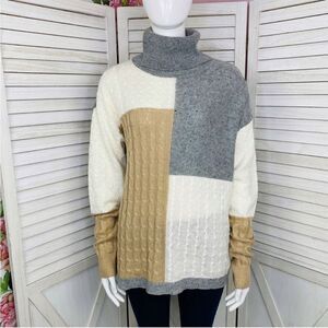 Versona Multi Pattern Color Block Turtleneck Sweater Gray Tan Large